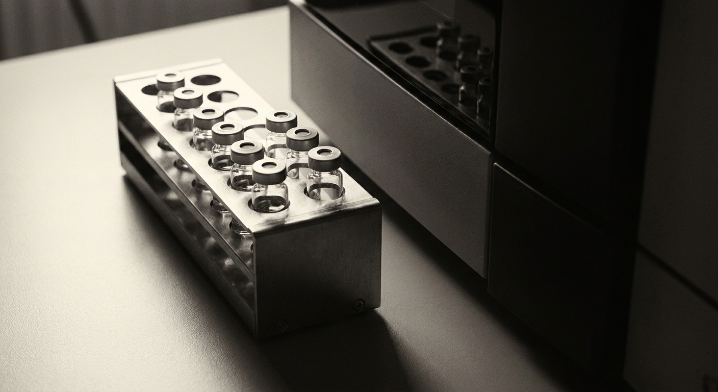 A machined stainless rack of capped autosampler vials beside a chromatography instrument.