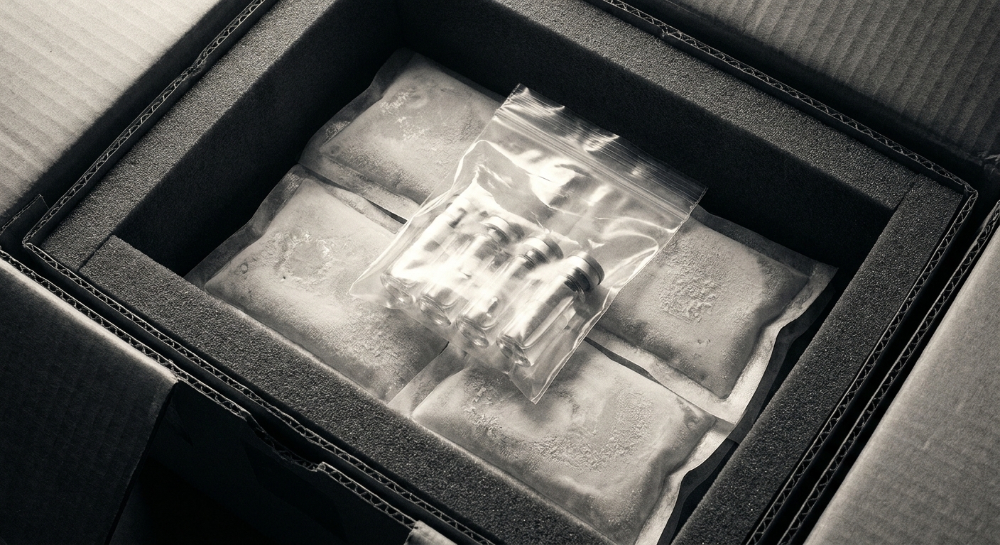 Vials bagged and packed between frozen gel sheets in a lined shipping case.