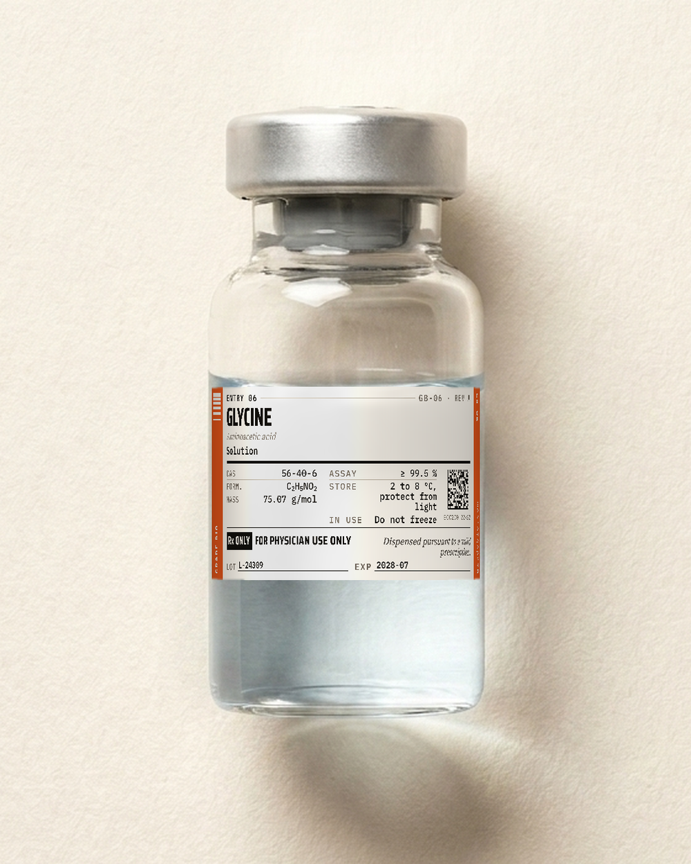 Glycine, a clear, colorless solution, free of visible particulate in a sealed glass vial.
