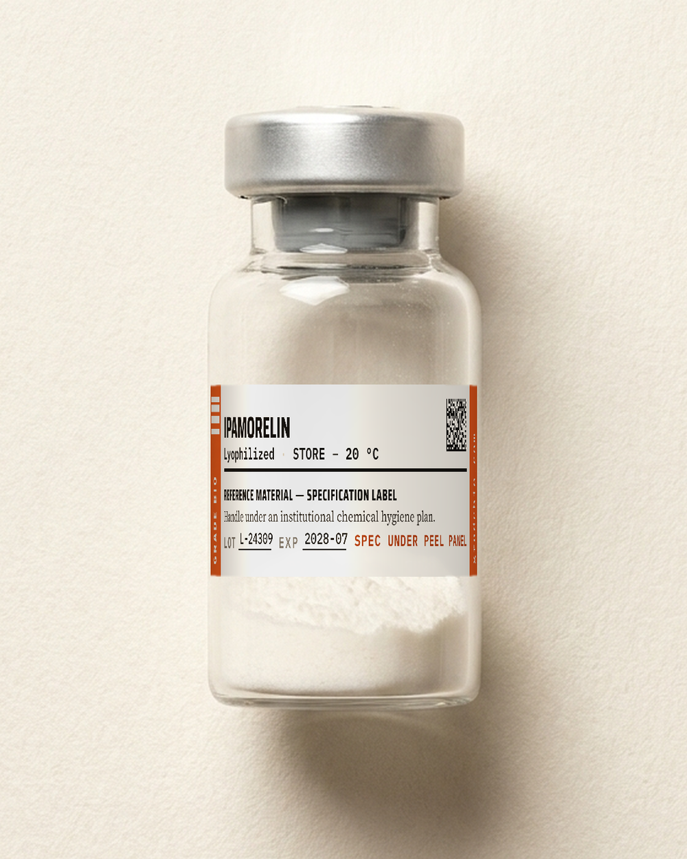 Ipamorelin, a white lyophilized solid in a sealed glass vial.