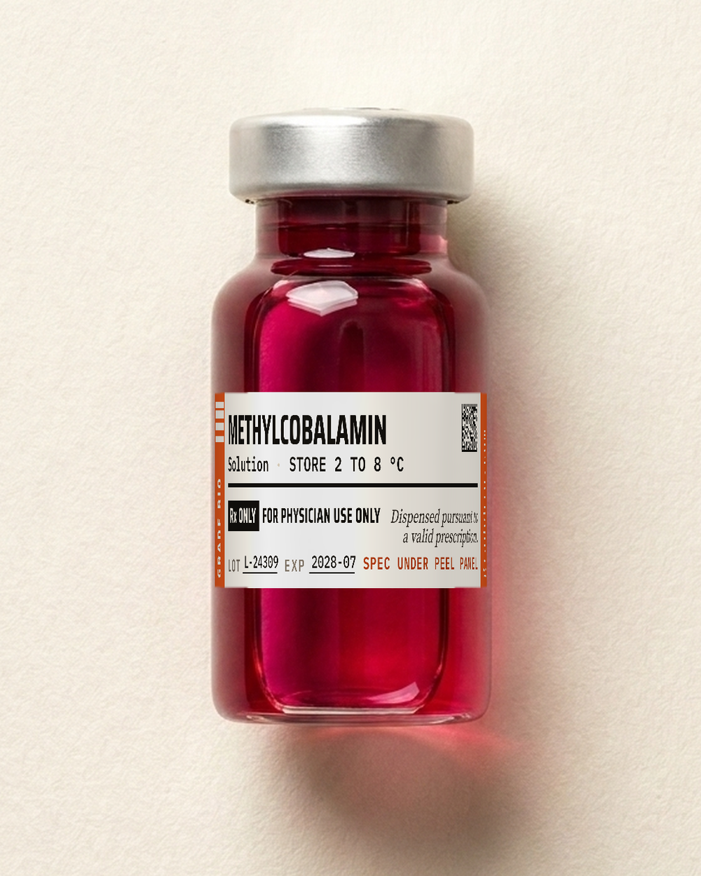 Methylcobalamin, a clear, deep red solution, free of visible particulate in a sealed glass vial.