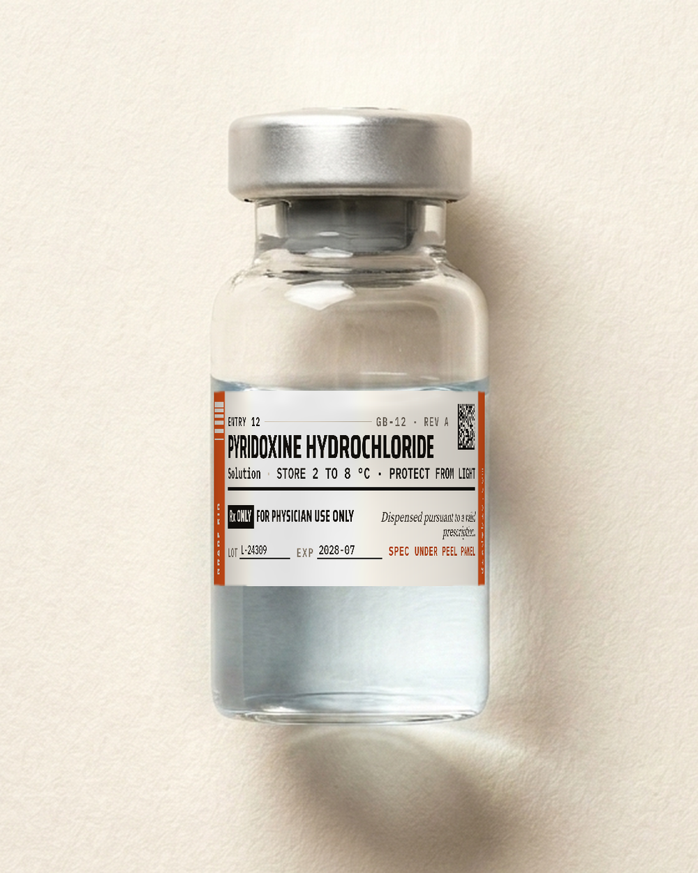 Pyridoxine hydrochloride, a clear, colorless solution, free of visible particulate in a sealed glass vial.