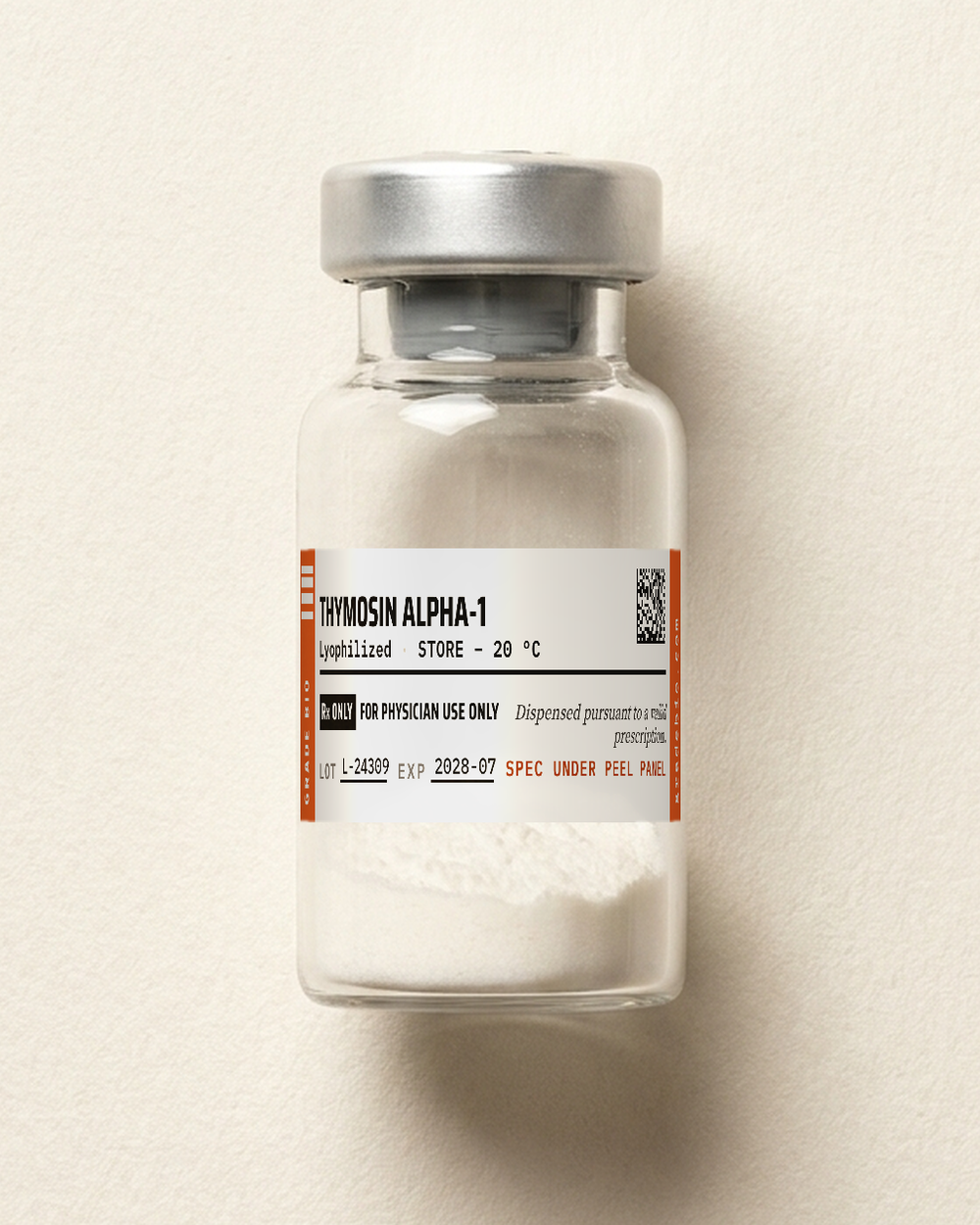 Thymosin alpha-1, a white to off-white lyophilized cake in a sealed glass vial.