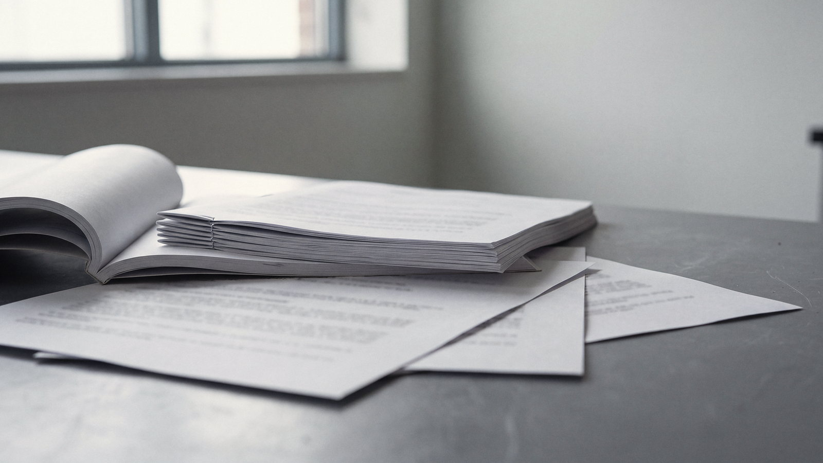 Stacks of printed papers and an open journal on a gray desk, the text out of focus.