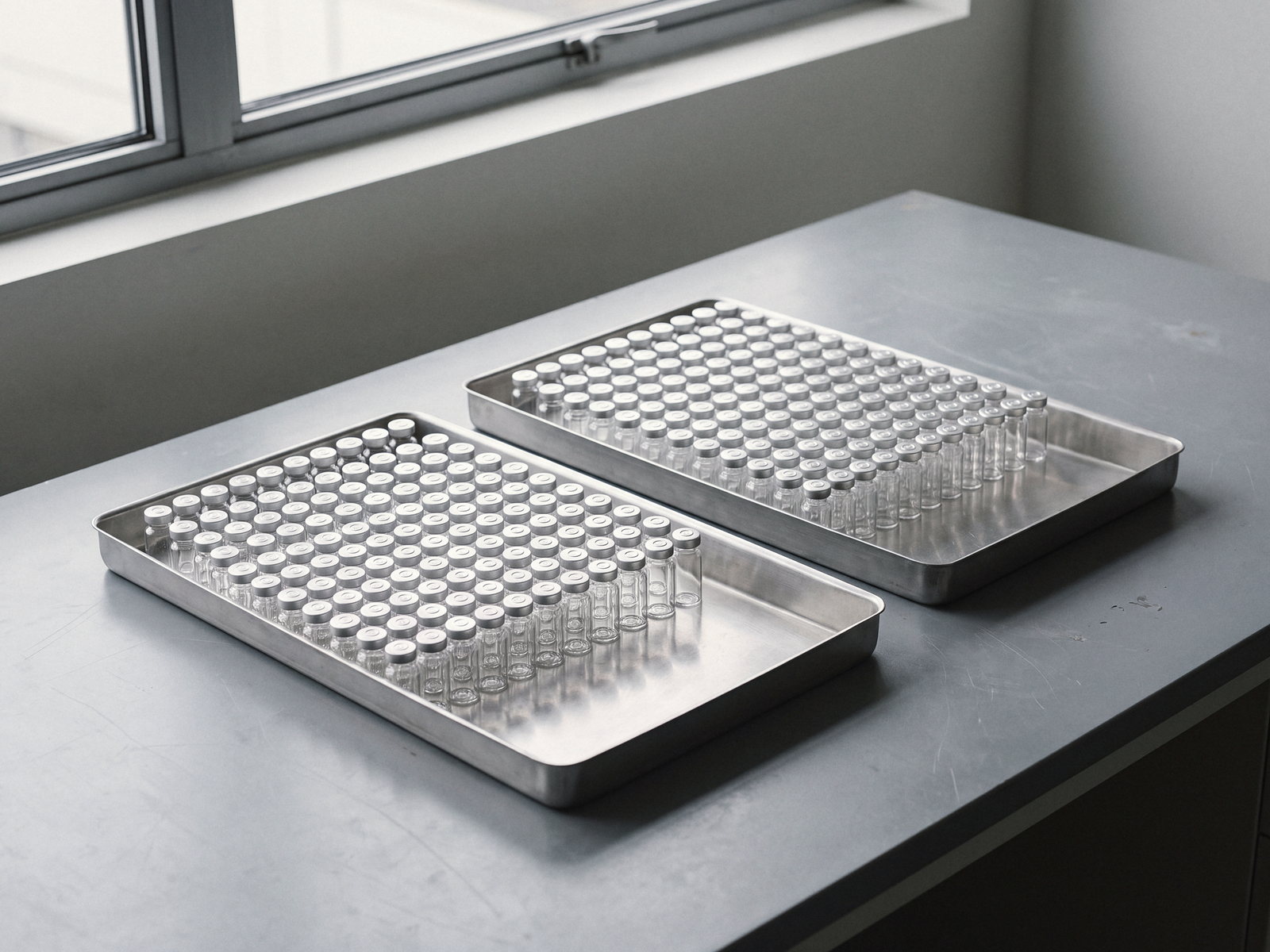 Two steel trays of empty capped glass vials side by side on a gray bench, with open space between them.
