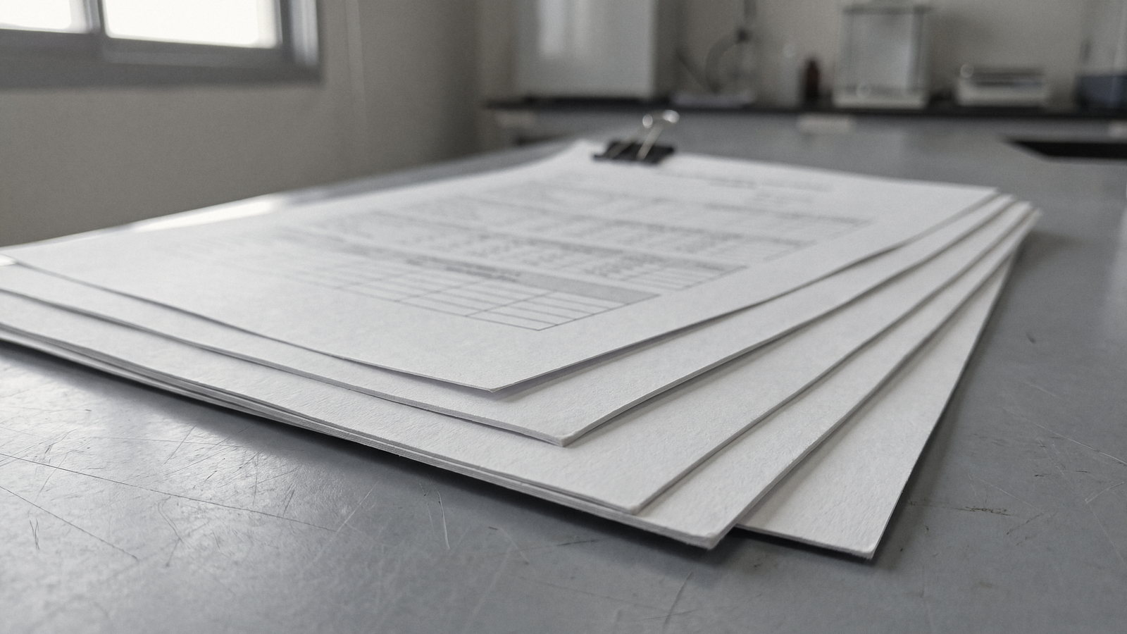 A stack of printed analysis reports on a gray laboratory bench, the tables out of focus, with a window behind.