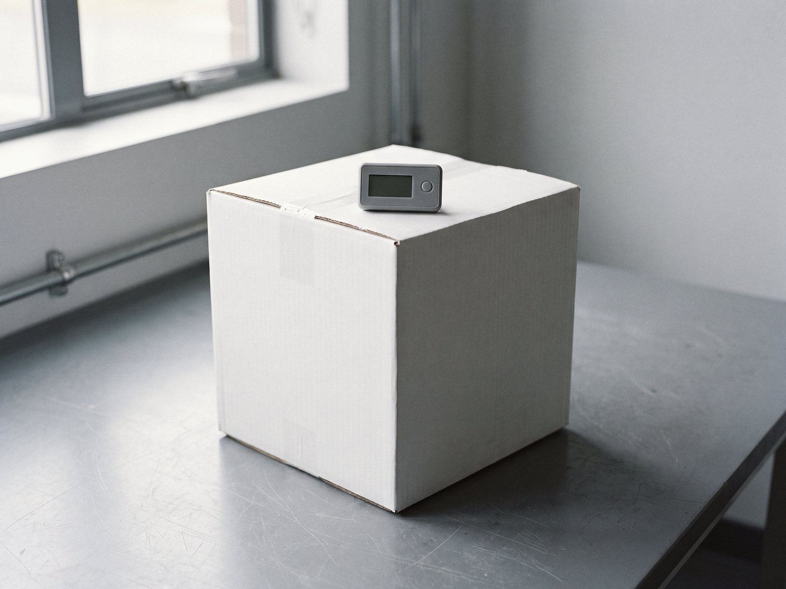A sealed white shipping carton with a small temperature data logger on top, on a gray bench by a window.