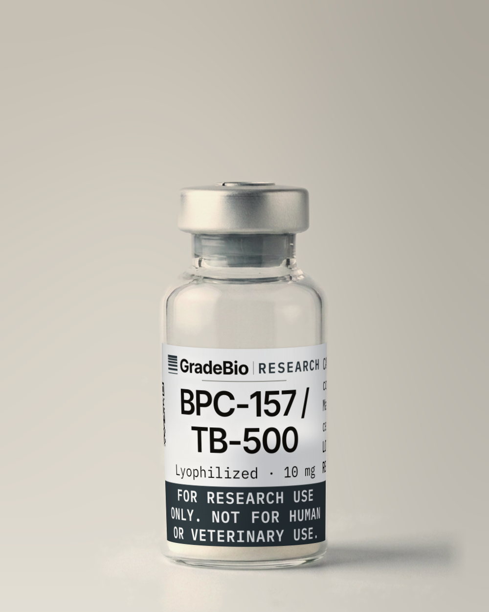 BPC-157 / TB-500 as supplied — Lyophilized, 10 mg, white to off-white lyophilized cake, in a 2 mL vial with an aluminum crimp seal, the label facing the camera.