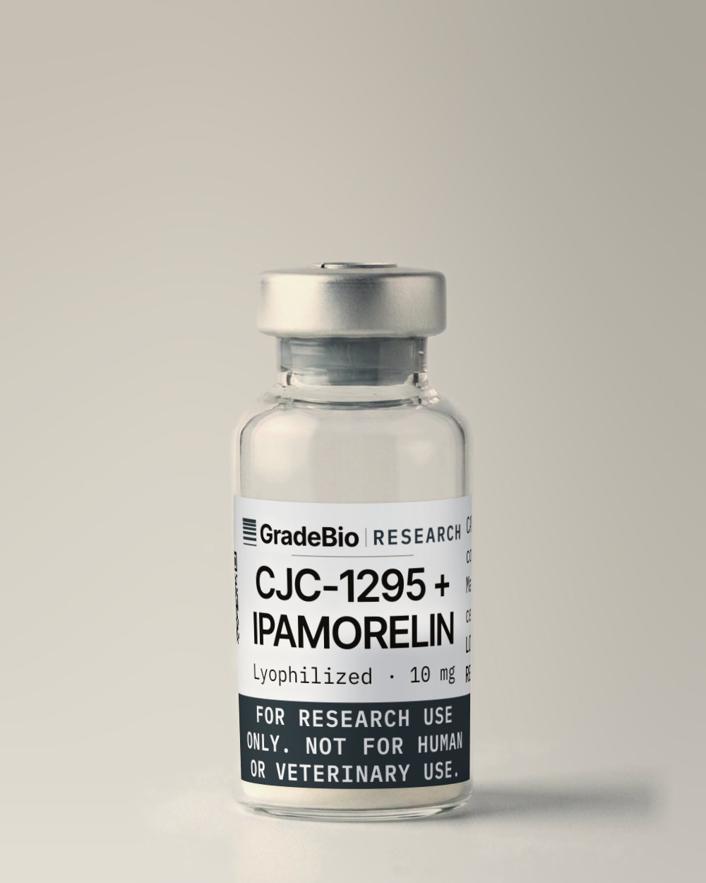 CJC-1295 + Ipamorelin as supplied — Lyophilized, 10 mg, white lyophilized solid, in a 2 mL vial with an aluminum crimp seal, the label facing the camera.