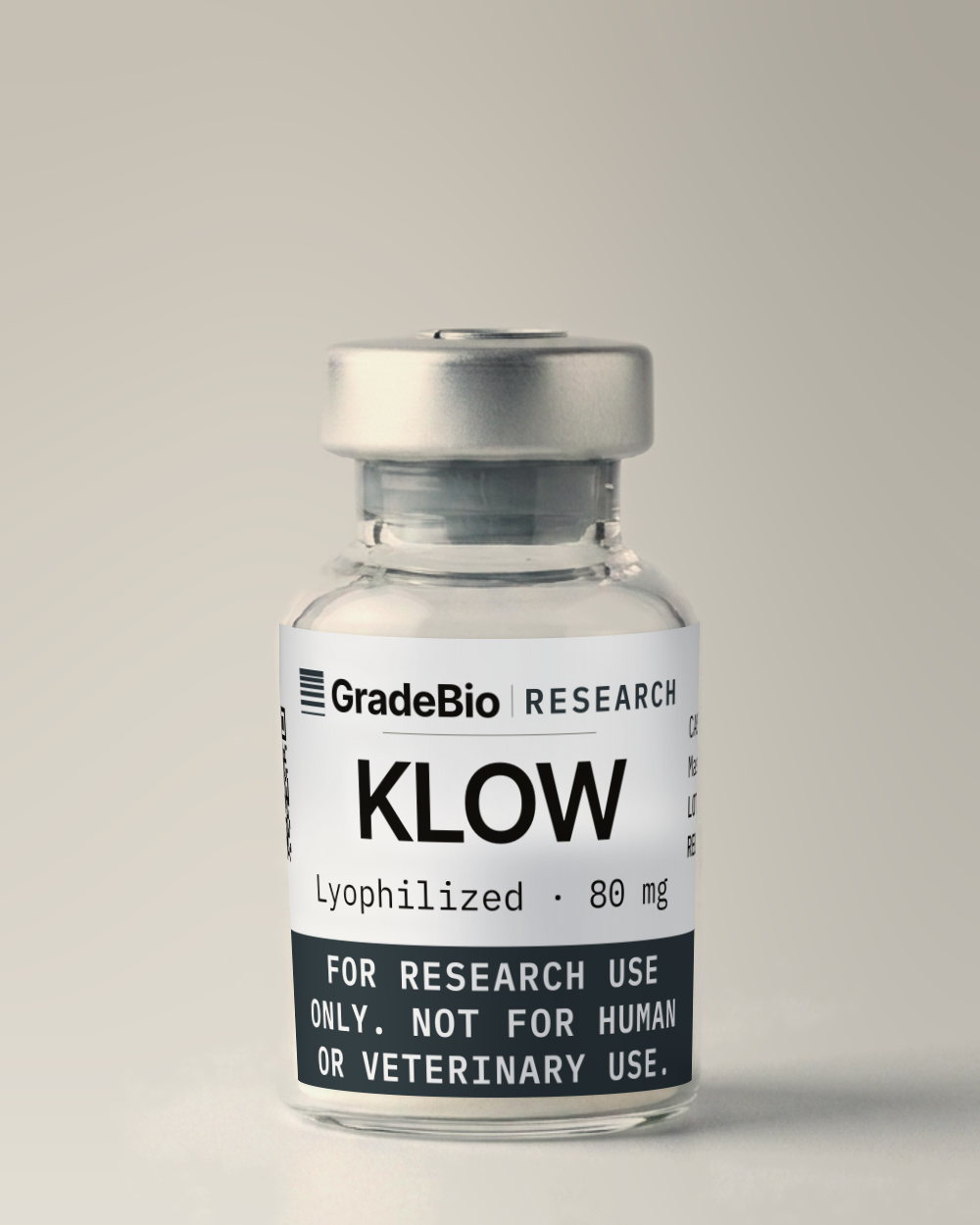 KLOW as supplied — Lyophilized, 80 mg, blue to blue-violet lyophilized solid, in a 5 mL vial with an aluminum crimp seal, the label facing the camera.