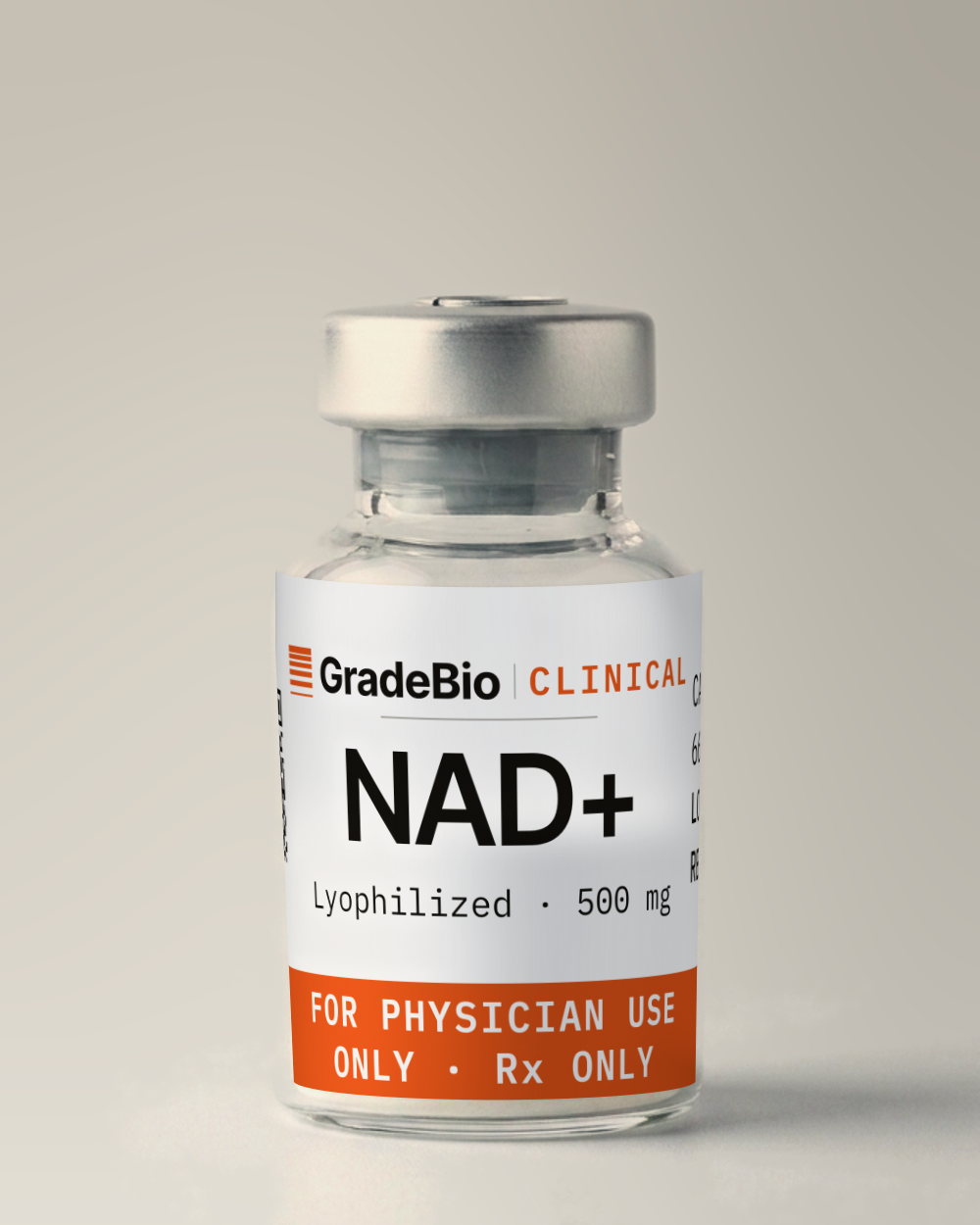 NAD+ as supplied — Lyophilized, 500 mg, white to off-white lyophilized powder, in a 10 mL vial with an aluminum crimp seal, the label facing the camera.